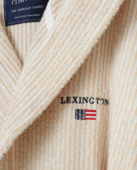 Raidallinen hupullinen kylpytakki luomupuuvillasekoitetta valkoinen/ruskea