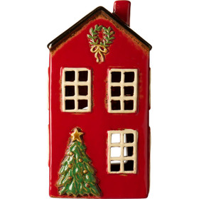 Talolyhty Stillenat punainen,  musta katto ja joulukuusi edessä