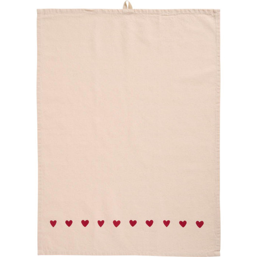 Keittiöpyyhe Emma luonnonvärinen, punaisilla sydämillä