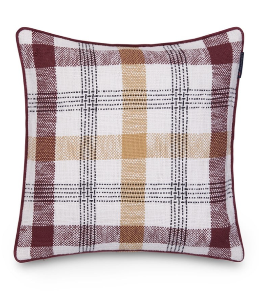Ruudullinen kierrätyspuuvilla tyynynpäällinen 50x50, burgundinpunainen/kivenharmaa