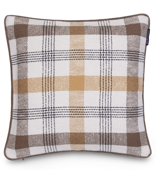 Ruudullinen kierrätyspuuvilla tyynynpäällinen 50x50, oliivi/kaura