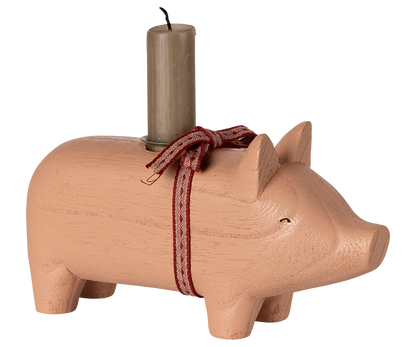 Puinen Possu Kynttilänjalka Vaaleanpunainen, medium