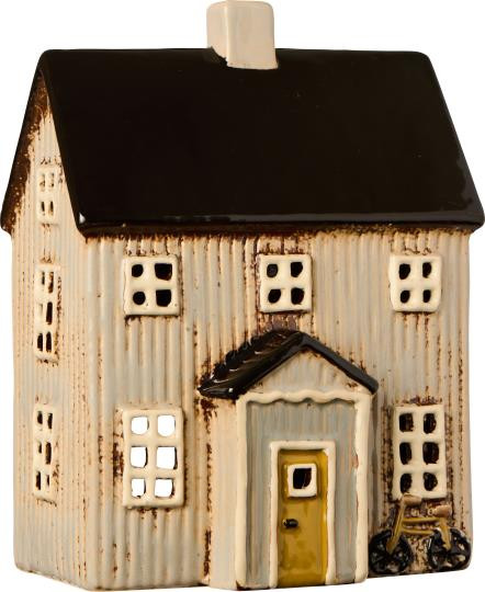 Talolyhty Visby harmaa musta katto ja keltainen ovi