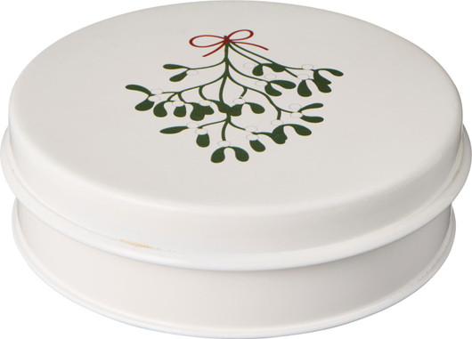 Piparkakkumuotit 3 kpl peltirasiassa, jossa mistelinoksa kannessa