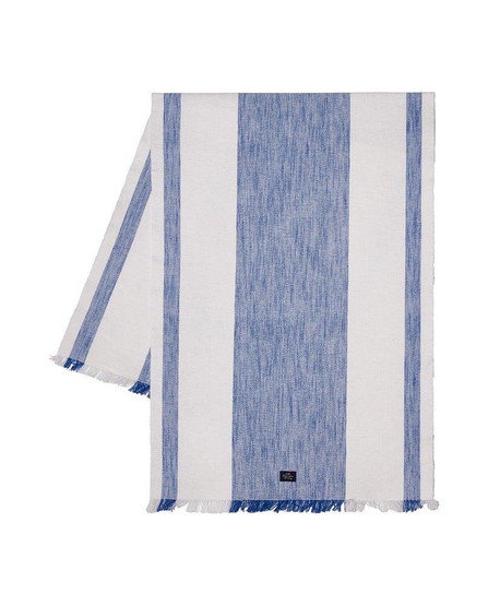 Raidallinen kaitaliina hapsuilla luomupuuvillaa, sininen/valkoinen