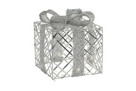 Lahjapaketti led-valoilla, Marga valkoinen, M 22,5cm, metallia