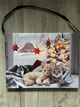 Kissa kaverit ikkunalla Led-taulu 20x15cm