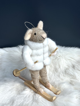 Hiiri hiihtäjä valkoinen villa koriste 12cm