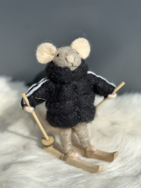 Hiiri hiihtäjä musta, villa koriste 12cm