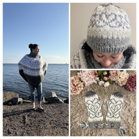 Sydänkäpy setti: poncho, myssy ja lapaset, neuleohje