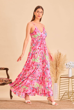 Pinkki pitkä silkkinen mekko
