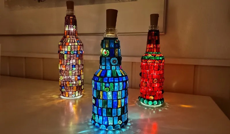 Colourful mosaic light-up bottles with LED lights