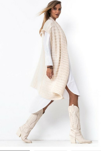 Pitkä neulottu Delux liivi, beige tai valkoinen, ONE SIZE