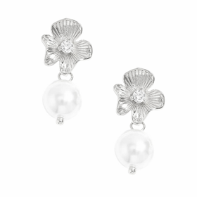 Kukkakorvakorut pyöreillä helmillä ja zirkoneilla, väri hopea