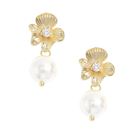 Kukkakorvakorut pyöreillä helmillä ja zirkoneilla, väri kulta