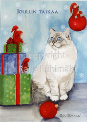 Joulukortti R139, Kissa,pakettit ja pikkutontut