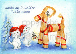 Joulukortti R085, olkipukki ja kissat