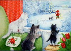 Joulukortti R041, Kissat ikkunassa