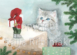 Joulukortti R145, Kissa ja tonttu