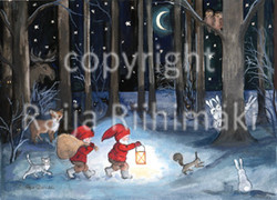 Joulukortti R144, kulkue metsässä