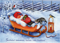 Joulukortti R162, tonttu ja kissa reessä