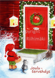 Joulukortti R170, Tonttu ja kissa ovella