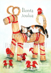 Joulukortti R224, Olkipukki, kissa ja pikkutontut