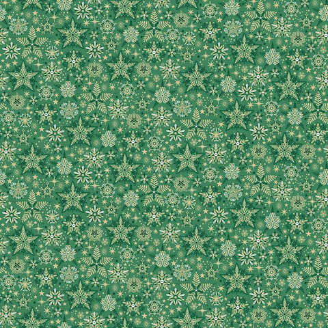 Vihreä tähtikuvioinen kultasomisteinen puuvillakangas Frosty Green 106 G