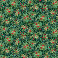Vihreä lehti- ja marjakuvioinen puuvillakangas Holly Bush 107 G9
