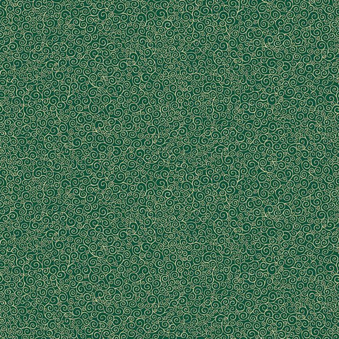 Vihreä kultakiekurakuvioinen puuvillakangas Scroll Green 109 G