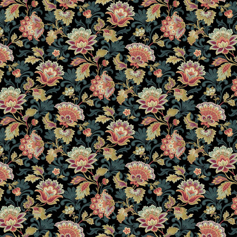 Tumma suurikuvioinen puuvillakangas Canterbury 1372 K