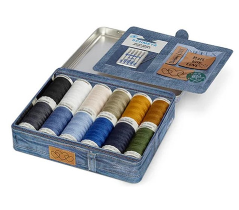 Gütermann Denim lankarasia: 12 väriä, 5 neulaa ja 3 merkkiä