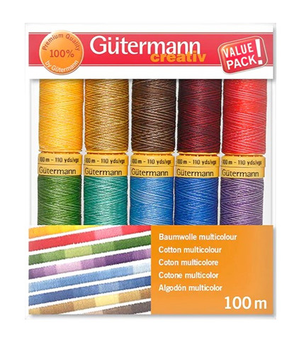 Gütermann puuvillalanka-lajitelma, 10 x 100 metriä, monivärinen