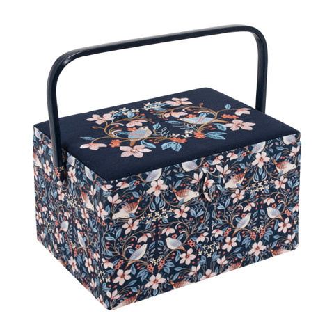 Tummansininen lintukuvioinen ompelukori 