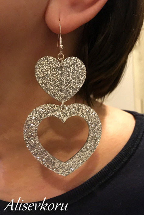 4474 Alise Design Isot glitter sydänkorvakorut hopea