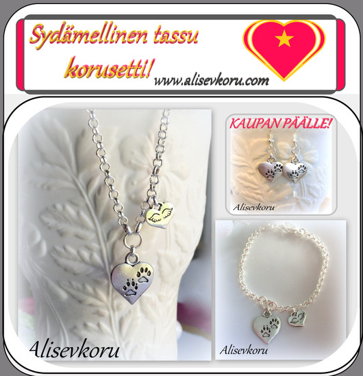 4590  Alise Design Sydämellinen tassu  korusetti KAUPAN PÄÄLLE korvakorut