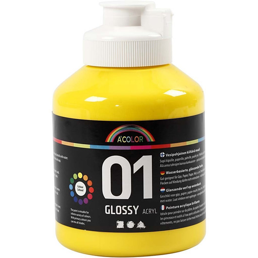 A'Color, akryylimaali, 01, kiiltävä, peruskeltainen, 500ml