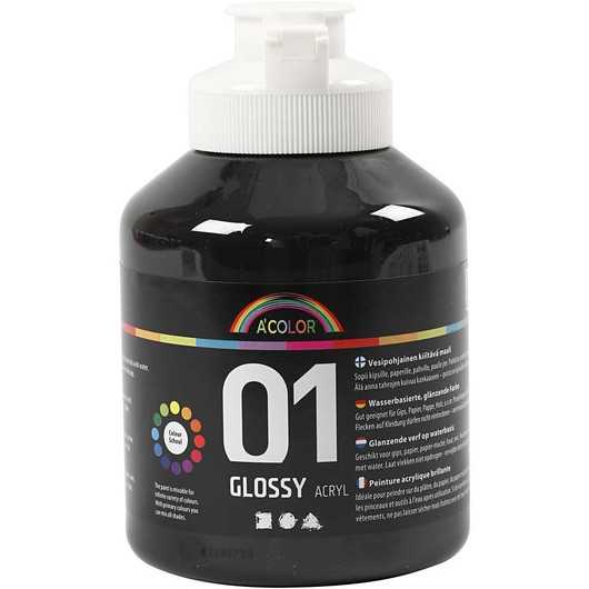 A'Color, akryylimaali, 01, kiiltävä, musta, 500ml