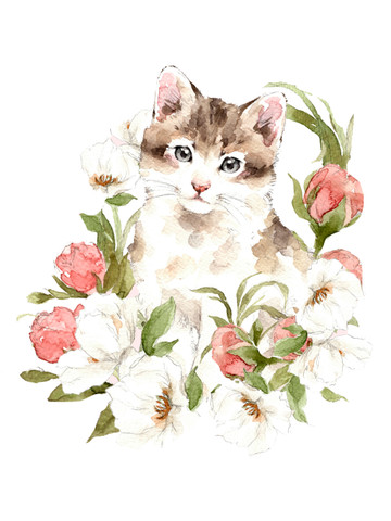 Karvaiset ystävämme kissa -silityskuva kukilla iso