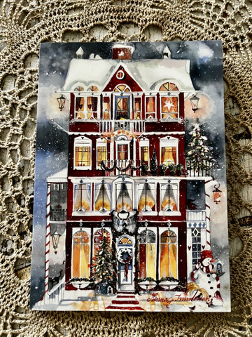 Kaksiosainen joulukortti, joulutalo, by Minna Immonen