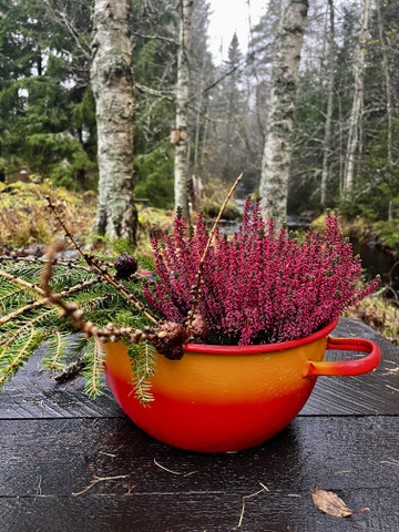 Punakeltainen, vanha emalikattila