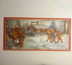 Vanhanajan joulujuliste, pieni pöytäliina paperia, ”Tontut lähdössä”