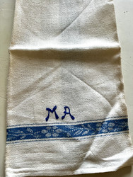 Vanha keittiöpyyhe pellavaa, sinikuvioinen astiapyyhe