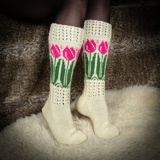 Pitkät villasukat, pinkki tulppaani, koko 40