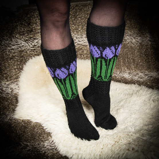 Pitkät villasukat, lila tulppaani, koko 39-40