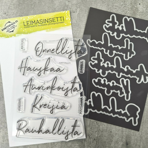 Leimasin- ja stanssisetti Hauskaa ja Onnellista (korttipaja.fi)