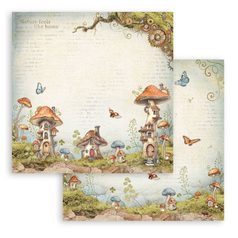Stamperia Hidden Grove skräppipaperi Mushroom Houses