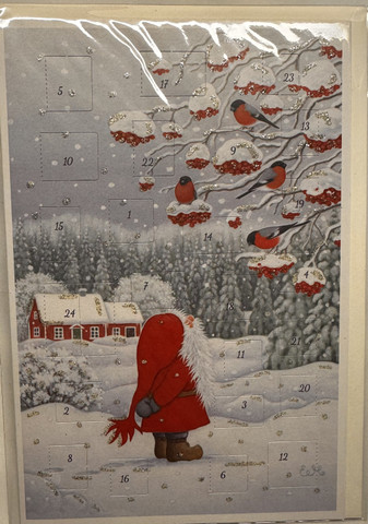 Adventtikalenterikortti Tonttu ja punatulkut