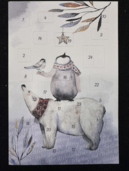Adventtikalenterikortti jääkarhu pingviini ja lintunen