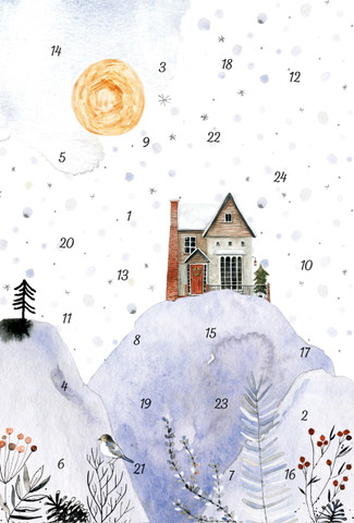 Adventtikalenterikortti  Talo kukkulalla